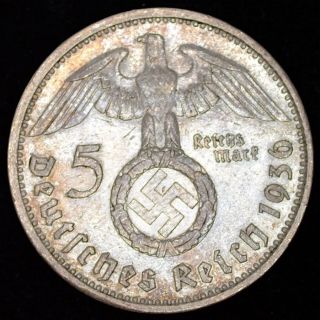 Ww2 German 5 Mark Silver Coin 1936 E Third Reich Big Swastika Hindenburg Nazi378 photo