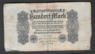 Germany 100 Reichsbanknote 1922 Circulated Banknote photo