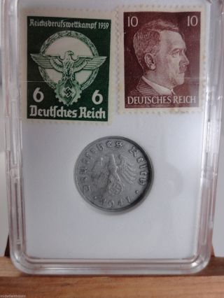 Germany Ww 2 1941f Third Reich 10 Reichspfennig Coin W/2 Postage Stamps In Case photo