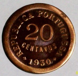 Cape Verde 20 Centavos 1930 Very Fine Bronze Coin photo
