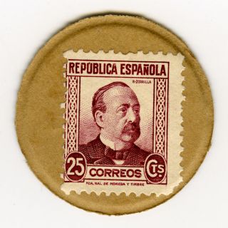 ☆ Spain ☆ Civil War Encased Postage Stamp • Republica 25c • Timbre Monnaie ☆c605 photo