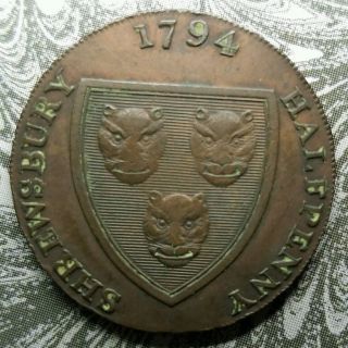 1794 Great Britain Shropshire Shrewsbury Half Penny Conder D&h 25d Au/ms,  Rb photo