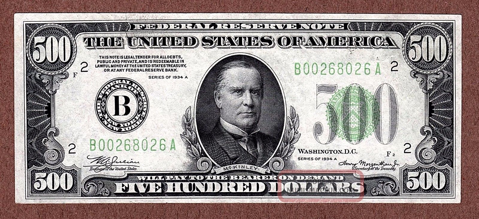 $500 Bill 1934a York Federal Reserve Note Five Hundred Dollars Small Size Notes photo