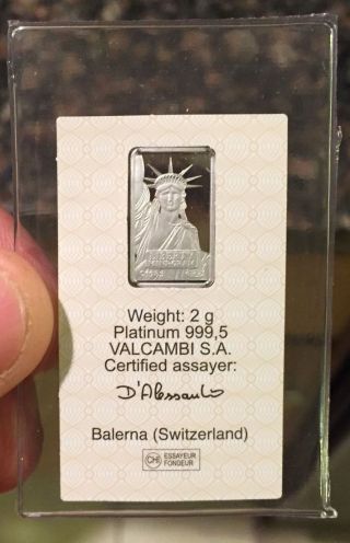 2 Gram Platinum Bar - Credit Suisse (in Assay) No.  006352 Statue Of Liberty 999.  5 photo