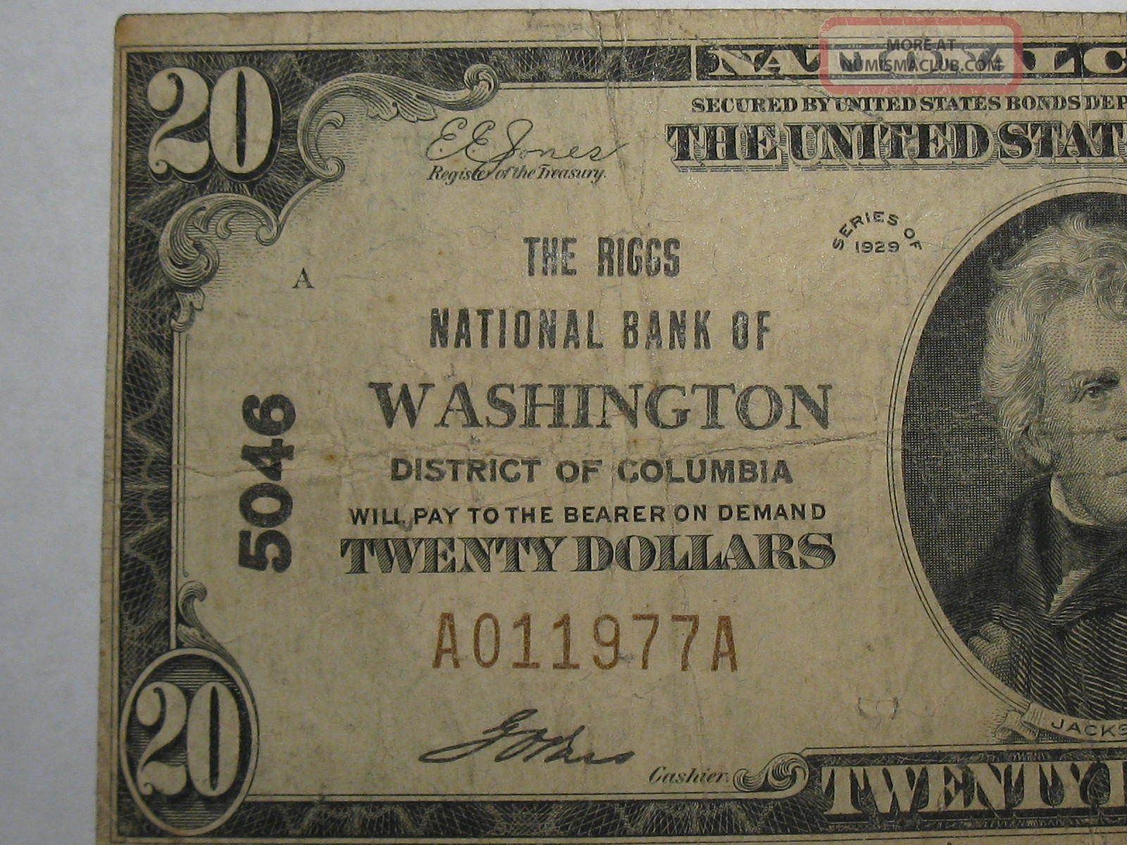 1929 $20 The Riggs National Bank Of Washington District Of Columbia Charter 5046 Paper Money: US photo