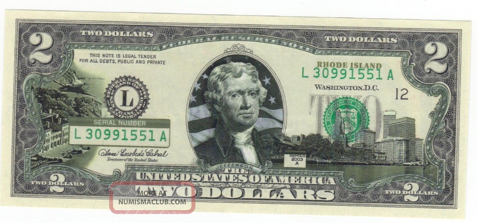 Bu Rhode Island $2 Two Dollar Bill Colorized State Landmark Uncirculated 2003 - A Small Size Notes photo