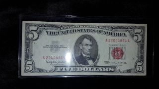 1963 Red Seal Note Five Dollar Bill $5.  00 A 22034864 A 1963 Red Seal Five Note photo