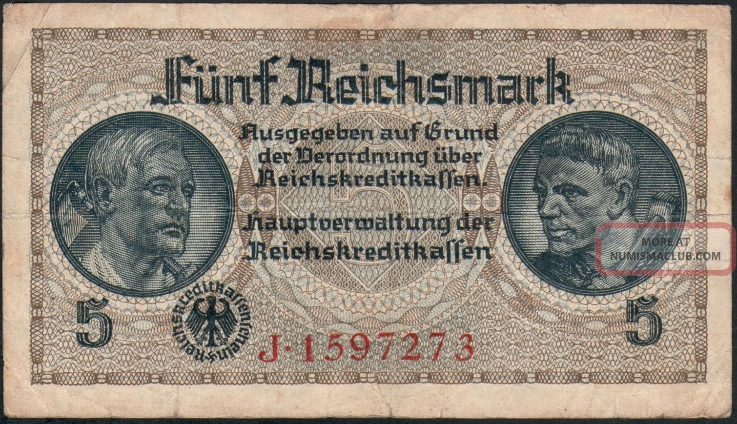 German 5 Reichsmark 1940 - 1945 - Series: J1597273 - 