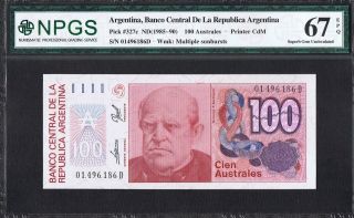1985 Pick 327c Argentina 100 Australes Banknote Npcs Gem Unc 67 Epq photo