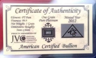 Pt Solid Platinum Bullion Acb Minted 1grain Bar 99.  9 Pure With Certificates photo