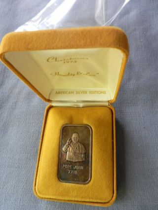 Christmas 1973 Pope John Xxlll 24k Gold On 1 Oz.  999 Fine Silver Bar Orig Box photo