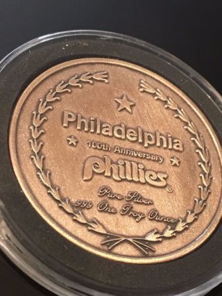 1 Troy Oz.  999 Fine Silver Philadelphia Phillies 100th Anniversary Art Coin Rare photo