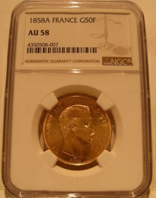 France 1858 A Gold 50 Francs Ngc Au - 58 Napoleon Iii photo