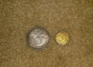 Nazi Germany 1939 F Silver 5 Mark And 1924 German 5 Reichspfennig Coin photo