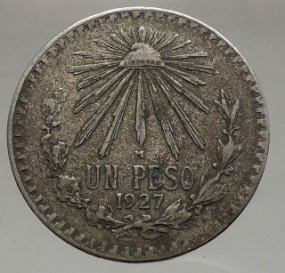 1927 Old 1 Un Peso Silver Mexican Coin Coat Of Arms Of Mexico Liberty Cap I56607 photo