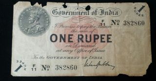 1917 Government Of India 1 Rupee - Rare Scarce Note photo