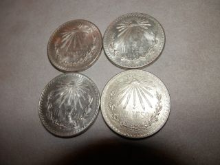 (4) 1943 Unc Silver One Peso Silver Coin Mexico Unc Liberty Cap Ray Series photo
