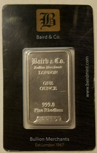 Baird & Co.  1 Oz 999.  0 Fine Rhodium Bar In Factory Assay Card Rare photo