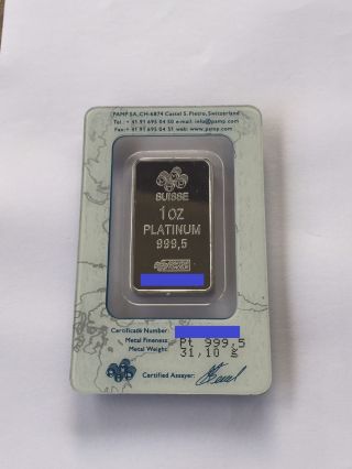 1 Oz Pamp Suisse Platinum Bar - Lady Fortuna - In Assay Card - photo