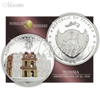 World Of Wonders Amphitheatre Of El Jem 2016 Palau 5$ Silver Proof Coloured Coin photo
