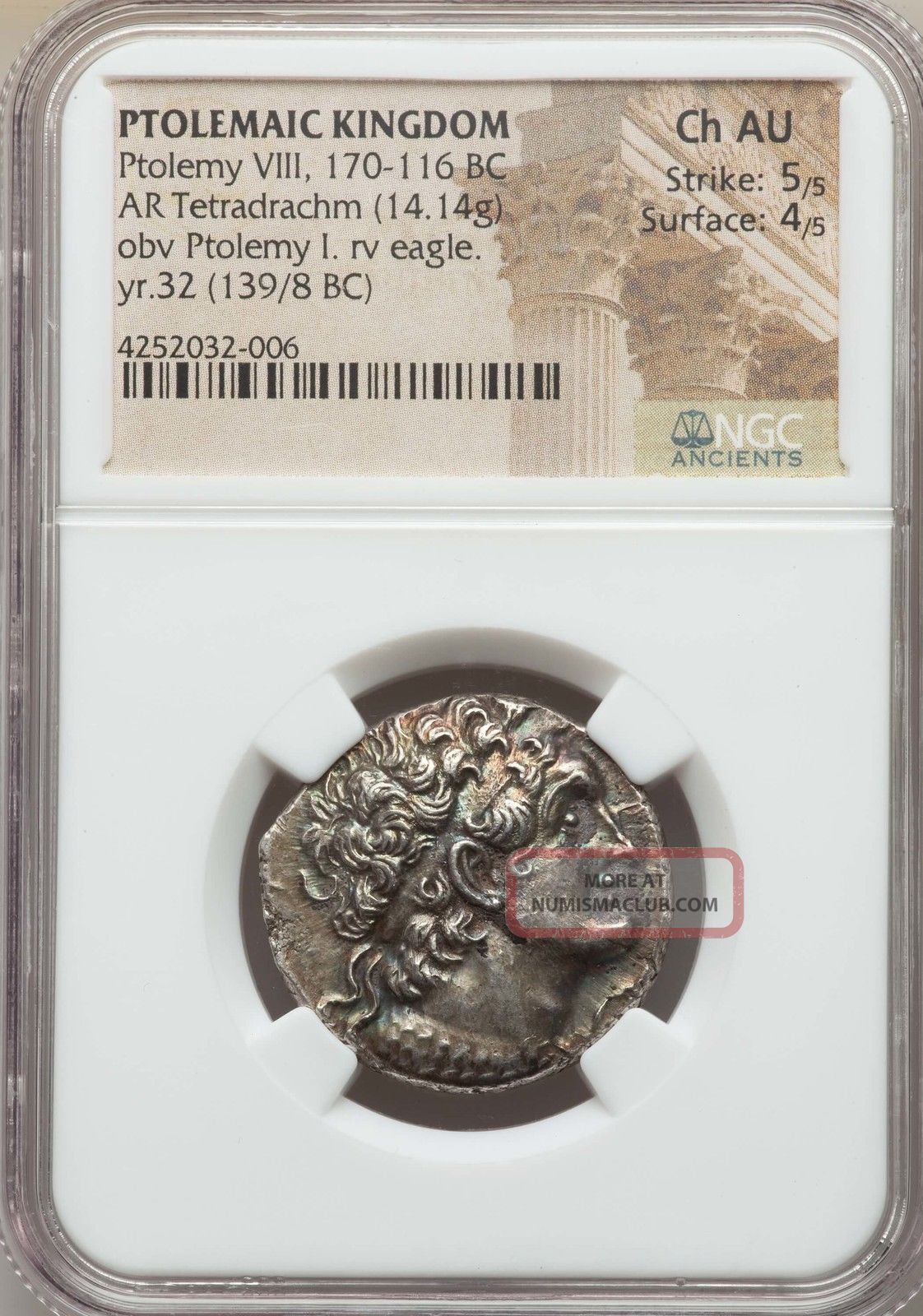 Ptolemaic Kingdom Ptolemy Viii 145 - 116 Bc Ar Tetradrachm 14.  14 Gm Ngc Ch Au 5/5 Coins: Ancient photo