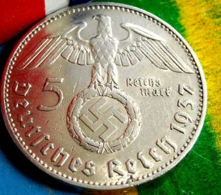 1937 - J Nazi Big Swastika German 5 Mark.  900 Silver Coin - Ww2 Germany 5 Reichsmark photo