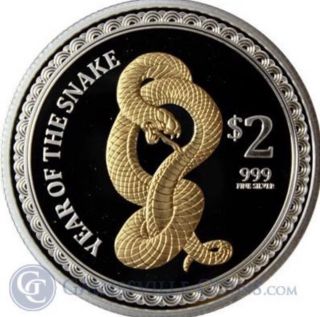 2013 Proof Gilded Year Of The Snake 1 Oz Zealand.  999 Silver Lunar Coin photo