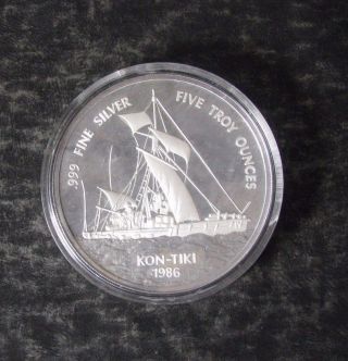 1986 Samoa 5 Troy Oz 999 Silver 25 Tala Coin; Km 62; Proof; Kon - Tiki - photo