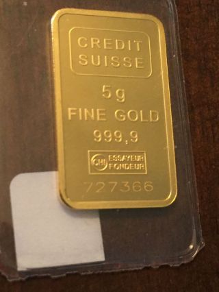 5 Gram Credit Suisse 24k Gold Bar.  9999 Liberty photo