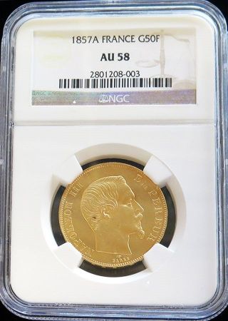 1857 A Gold France 50 Francs Napoleon Iii Coinage Ngc About Uncirculated 58 photo