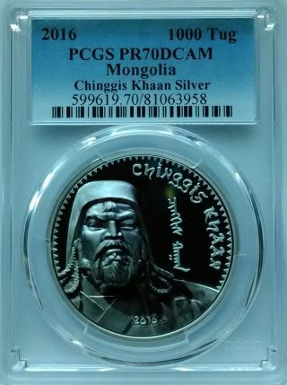 Pcgs Pr70 2016 Mongolia Chinggis Khaan 1000 Togrog Proof Silver 1oz.  999 Ag Rare photo