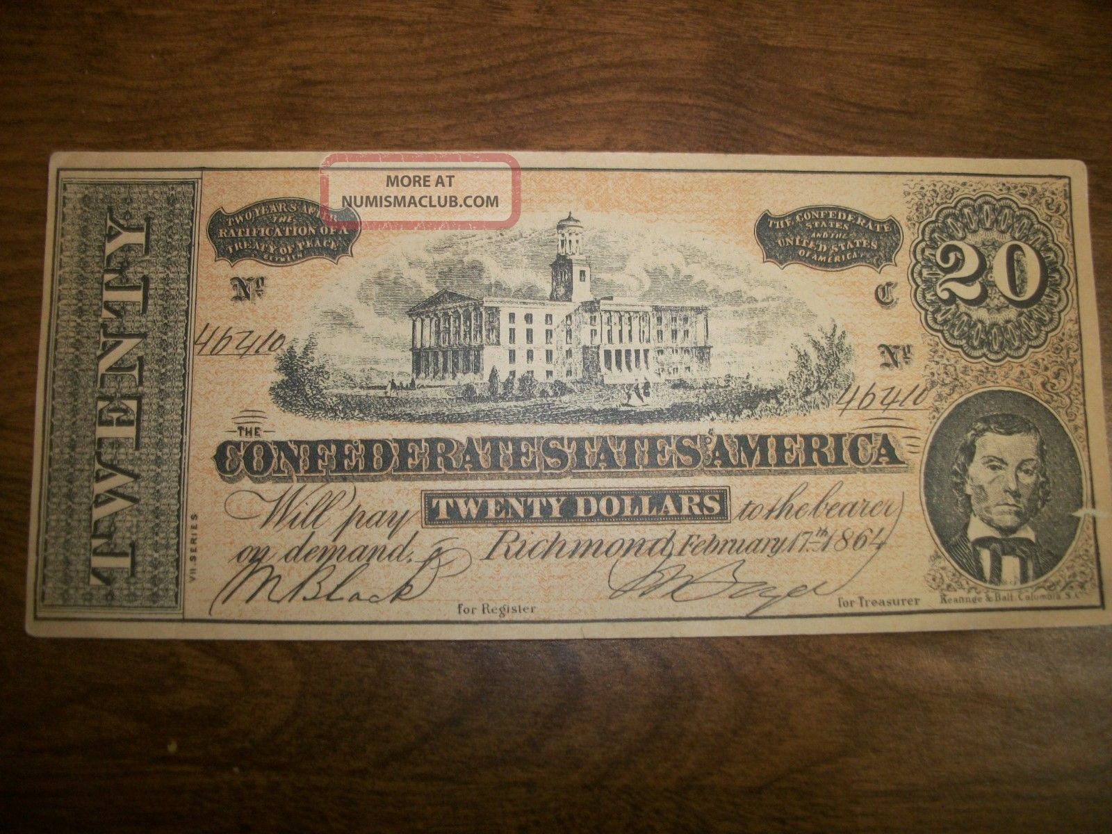 1864 Confederate Twenty Dollar Certificate,  Reprint Paper Money: US photo