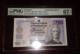 Scotland Commemorative One Bank Note 20 Pounds 2000 Gem Unc Pmg 67 Epq Pick 136 photo