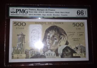 France French One Bank Note 500 Francs Pascal 1977 Gem Unc Pmg 66 Epq photo