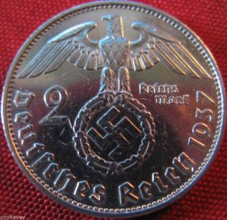 Nazi German 2 Reichsmark Silver 1937 E Coin Third Reich Eagle Swastika photo