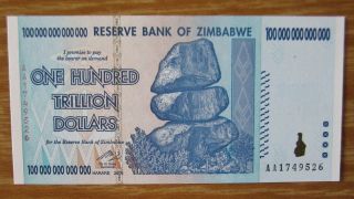 Zimbabwe 100 Trillion Dollar Note Aa 2008 Series Crisp Uncirculated photo