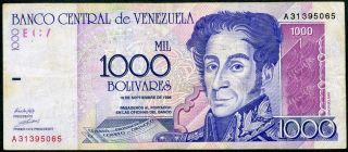 Venezuela 1,  000 1000 Bolivares 10/9/1998 P - 79 Vf Circulated Banknote photo