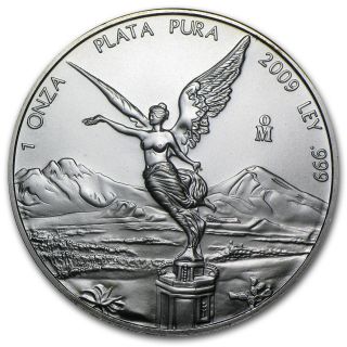 2009 Mexican Libertad Coin.  999 Pure Silver 1 Troy Ounce Bu Bullion photo
