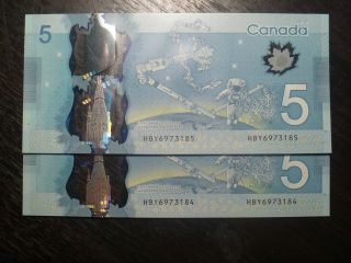 Canada 2013 $5 Banknote 2 Cons Serial Num Prefix Hby Unc Cond, photo