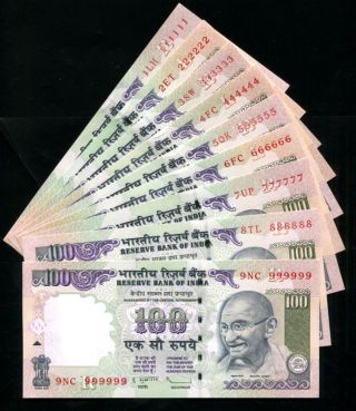 India Rs.  100/ - Fancy/solid No.  111111 - 999999 & 100000 - 900000,  18 Note,  Unc photo