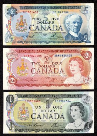 1972 $5.  00 1974 $2.  1973 $1.  Bank Of Canada Old Paper Money One Two Five Dollars photo