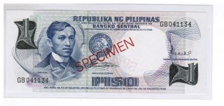 Gb041444 1969 Philippines 1 Peso Pilipino Series Specimen Note,  P142 S2,  Unc. photo