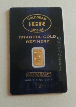1 G Gram 999.  9 24k Gold Premium Igr Bullion Bar Ingot photo