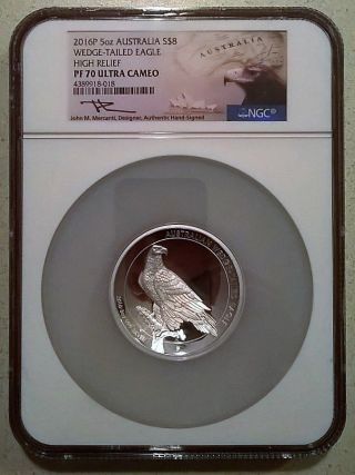 Rare 2016p 5oz S$8 Australia High Relief Wedge - Tail Eagle Mercanti Ngc Pf70uc photo