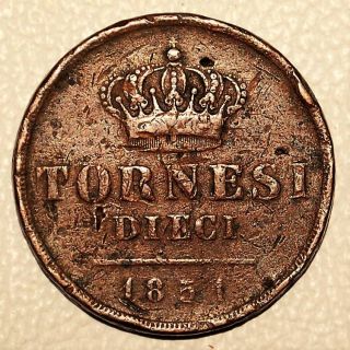 1851 Italy 10 Dieci Tornesi,  Italian States Naples & Sicily - Large Copper Coin photo