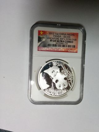 2012 China Panda Medal Singapore Int ' L Fair 1oz Silver Proof Coin Ngc Pf69 photo