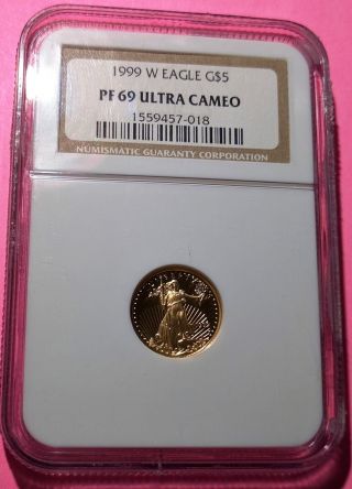 1999 W $5 Gold Eagle Proof Ngc Pf 69 Ultra Cameo 1/10 Oz Cert 1558788 - 017 photo