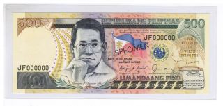 1987 Philippines 500 Peso C Aquino,  Fernandez Specimen Note P173 S1 Jf000000 Unc. photo