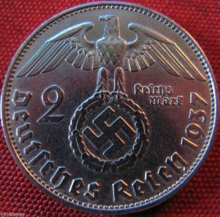 Nazi German 2 Reichsmark Silver 1937 D Coin Third Reich Eagle Swastika photo