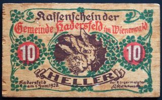 Hadersfeld 1920 Wooden Notgeld 10 Heller Austria photo